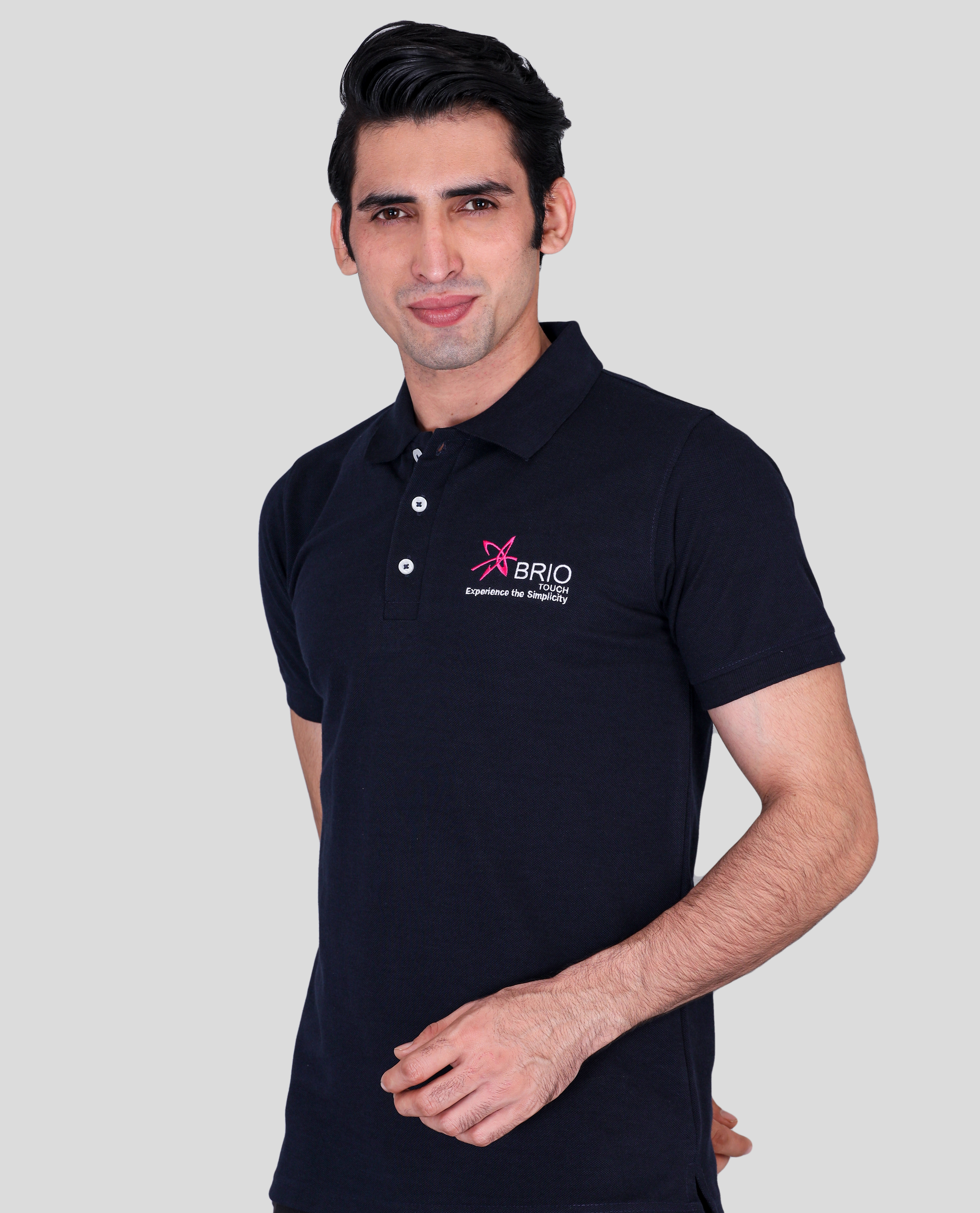 Brio black polo t-shirts with company logo