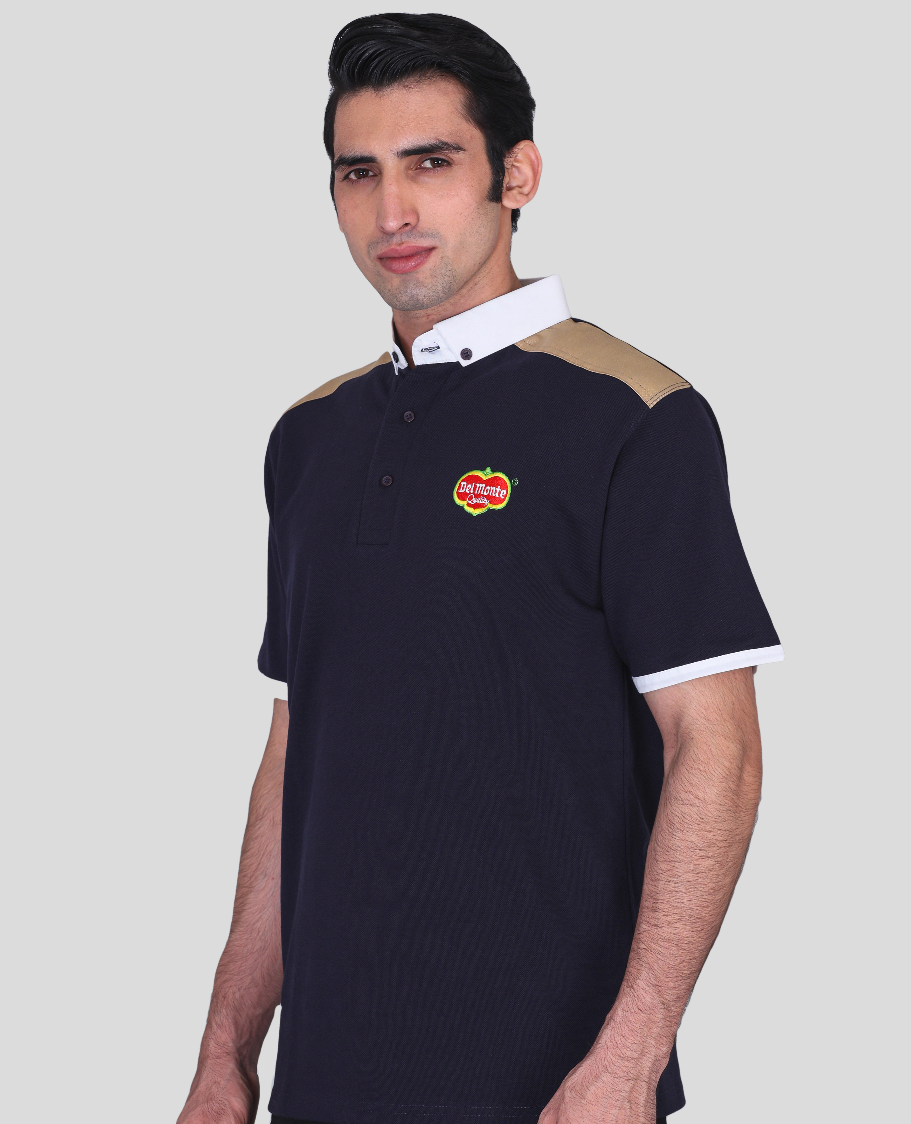 Del monte navy blue custom polo t-shirts with company logo