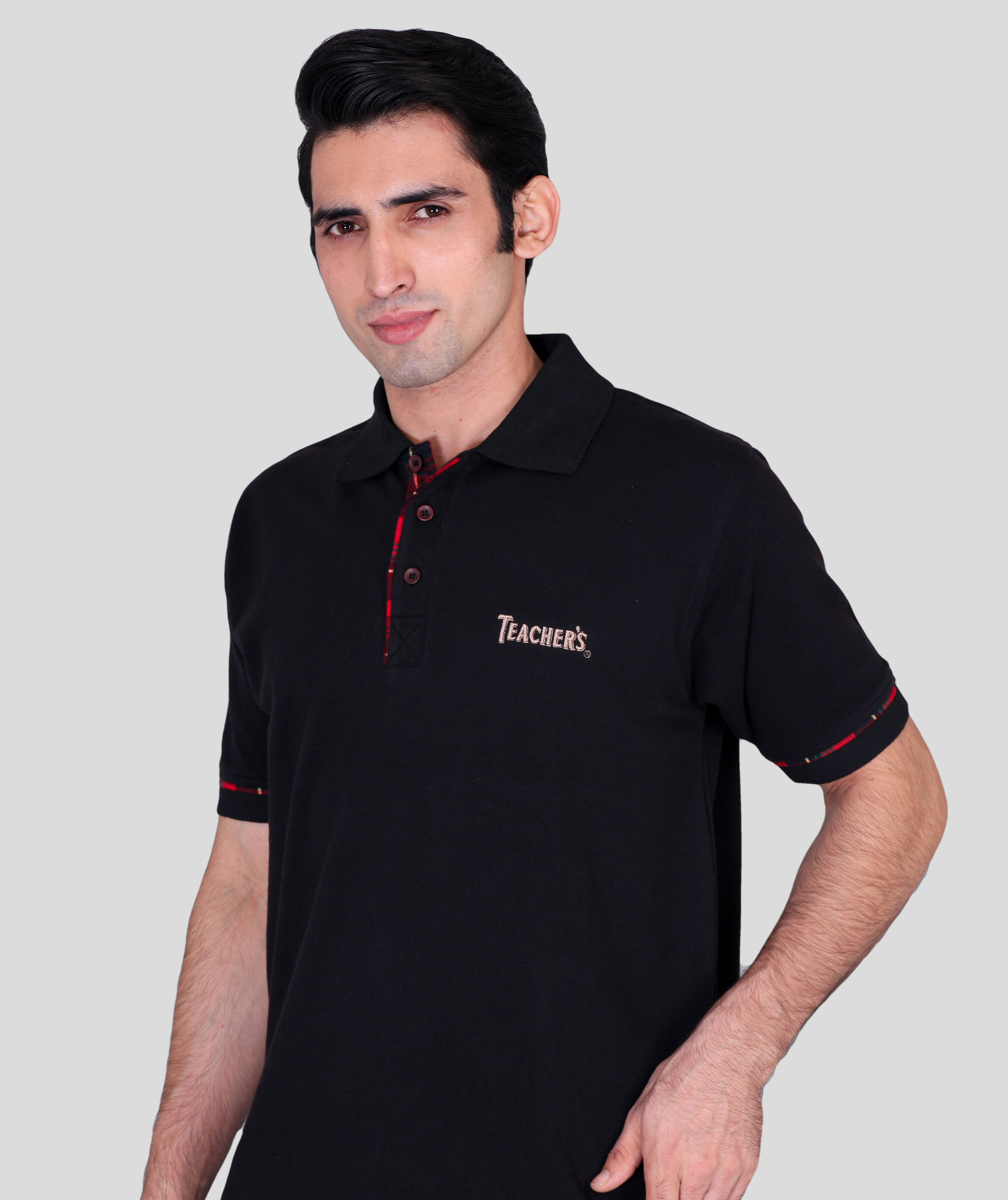 Teachers black custom polo t-shirts with company logo